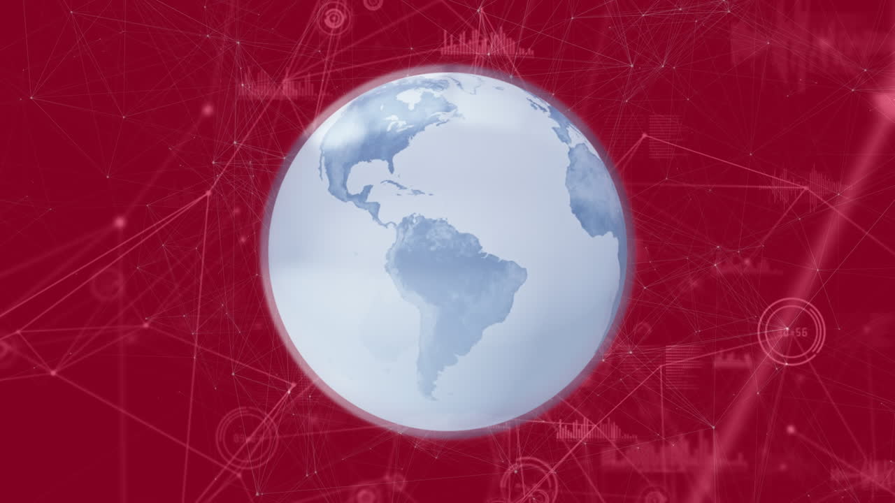 animación de un globo giratorio a través de una red de conexiones y procesamiento de datos contra un fondo rojo