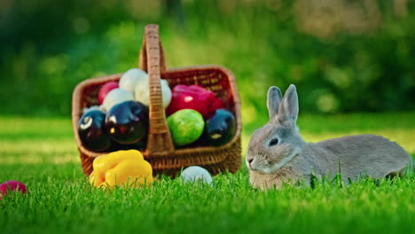 easter bunny in a garden with basket of eggs and vegetables