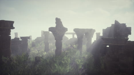 ancient ruins in misty landscape