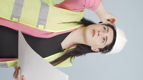 Vertical-video-of-Looking-up,-the-engineer-is-holding-her-hard-hat.