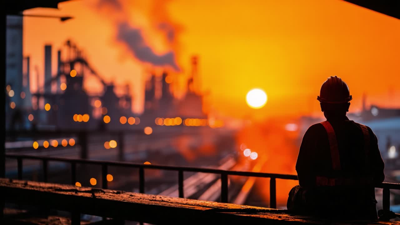 A Worker Silhouetted Against a Majestic Sunset Over an Industrial Landscape, Capturing the Essence of Hard Work and Nature's Beauty Intertwined