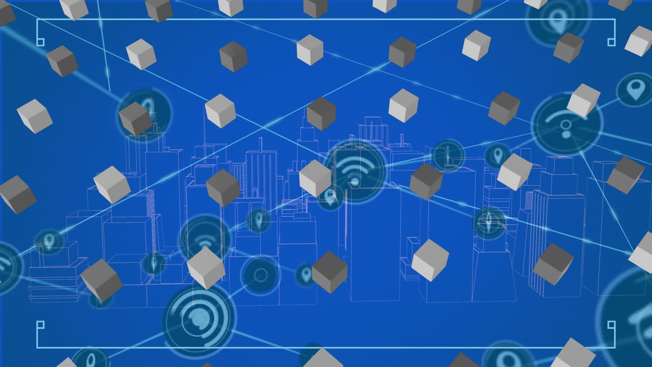 анимация квадратов и икон над городским пейзажем
