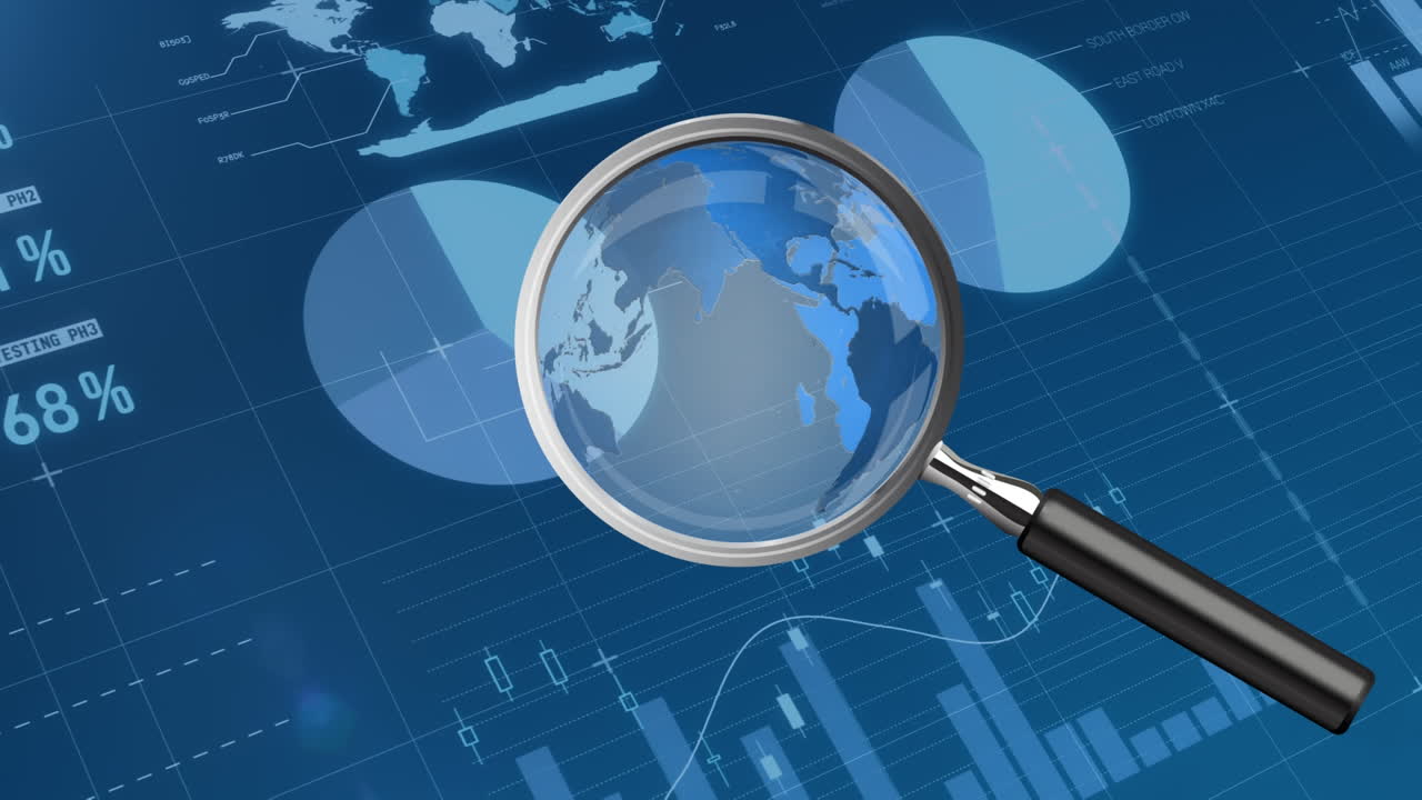 animación de procesamiento de datos financieros y lupa sobre fondo de la marina