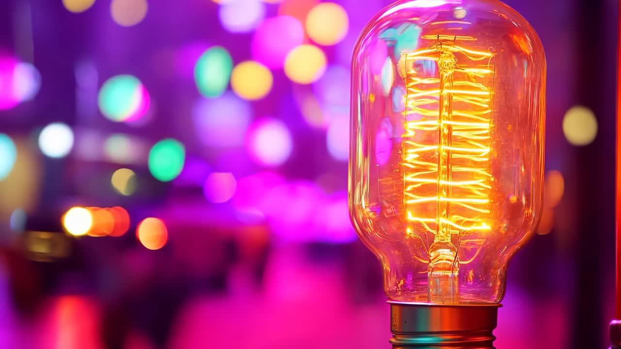 una bombilla sentada en la parte superior de una mesa frente a un fondo colorido
