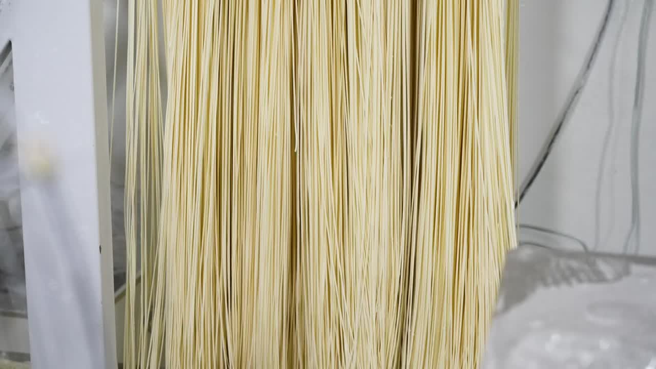 View of fresh noodles hanging to dry in a Chongqing factory, with a fan ventilating air to aid the process. Delicate strands sway as they undergo traditional drying in an industrial setting.