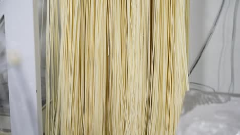 view of fresh noodles hanging to dry in a chongqing factory, with a fan ventilating air to aid the process. delicate strands sway as they undergo traditional drying in an industrial setting.