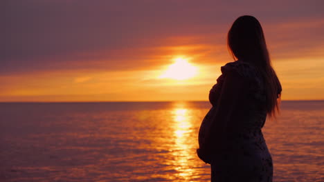 silueta de una joven embarazada sobre un fondo de puesta de sol sobre el océano