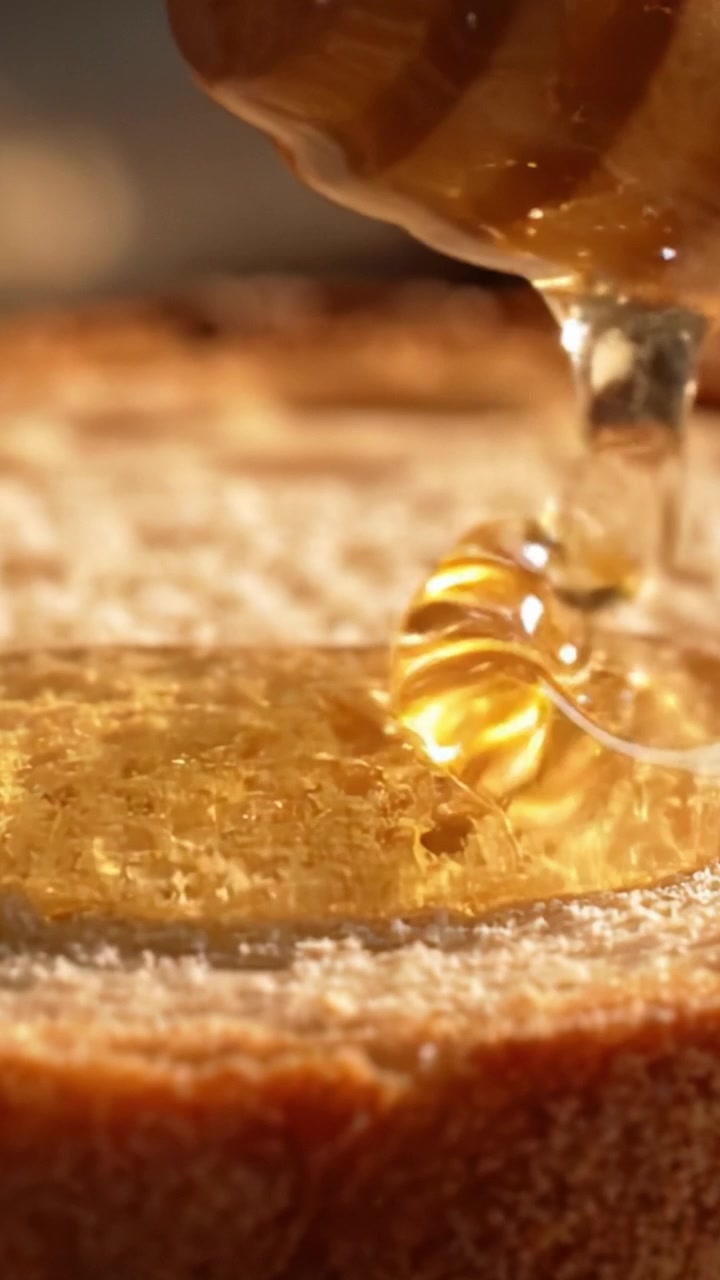 Delicia visual: Miel dorada goteando suavemente sobre una tostada, capturando el ritual matutino perfecto de dulzura y confort