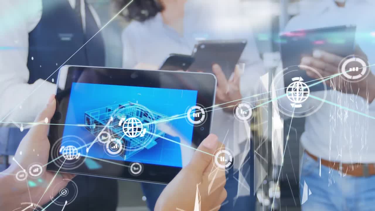 태블릿을 사용하는 사람들에 대한 연결 네트워크와 아이콘의 애니메이션