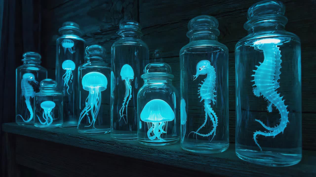 Glowing Sea Creature Specimens in Jars