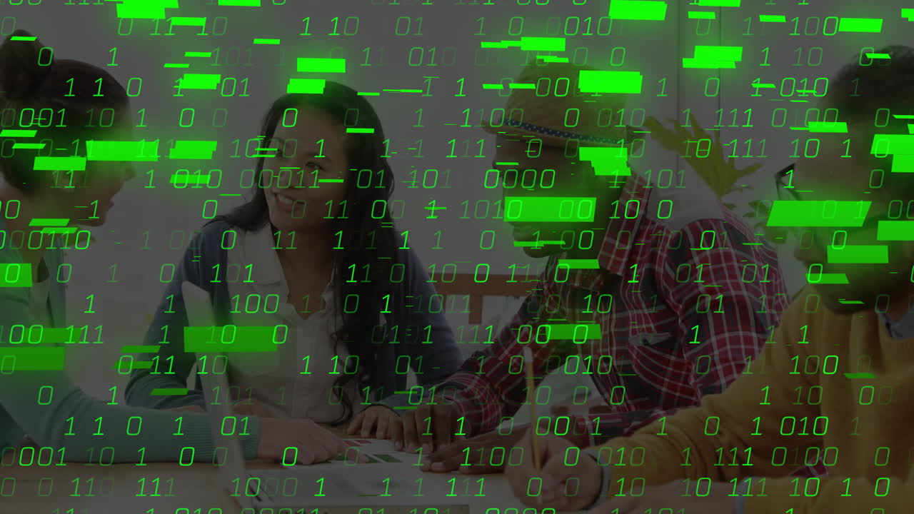 Binary code animation over diverse team collaborating at office desk