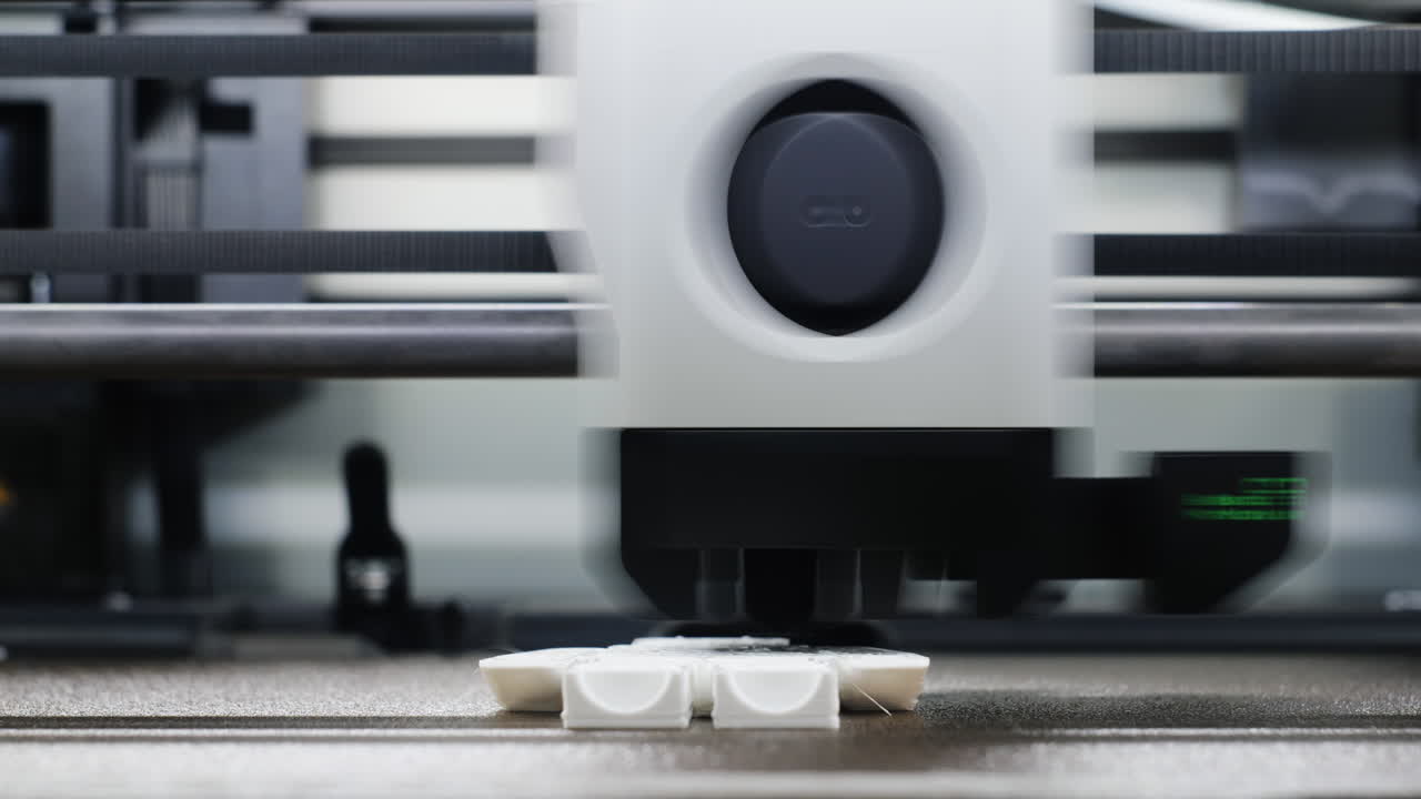 Macro timelapse of a 3D printer head rapidly building a toy with visible motion blur from slow shutter capturing the precision and speed of additive manufacturing