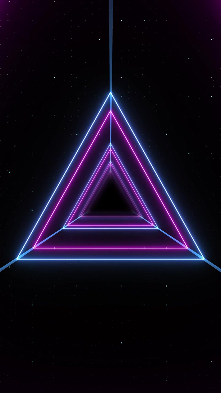 Pink and blue neon triangles form a repeating tunnel against a dark starry background suitable for