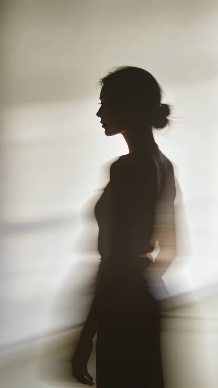 Video verticale: silhouette di donna in canotta che si muove lungo una parete con controluce ampio, proiettando fasce.
