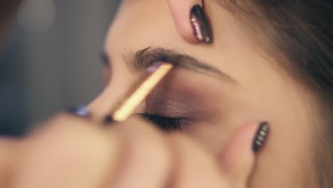 eyebrows care during professional makeup: close up of a young woman getting her brows shaped with brow brush and shadows