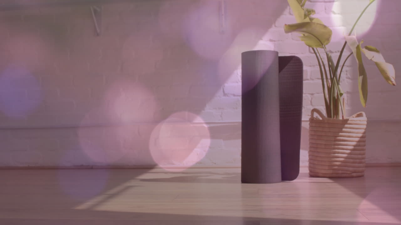 요가 매트와 농장 바구니 오버 보케 빛 애니메이션