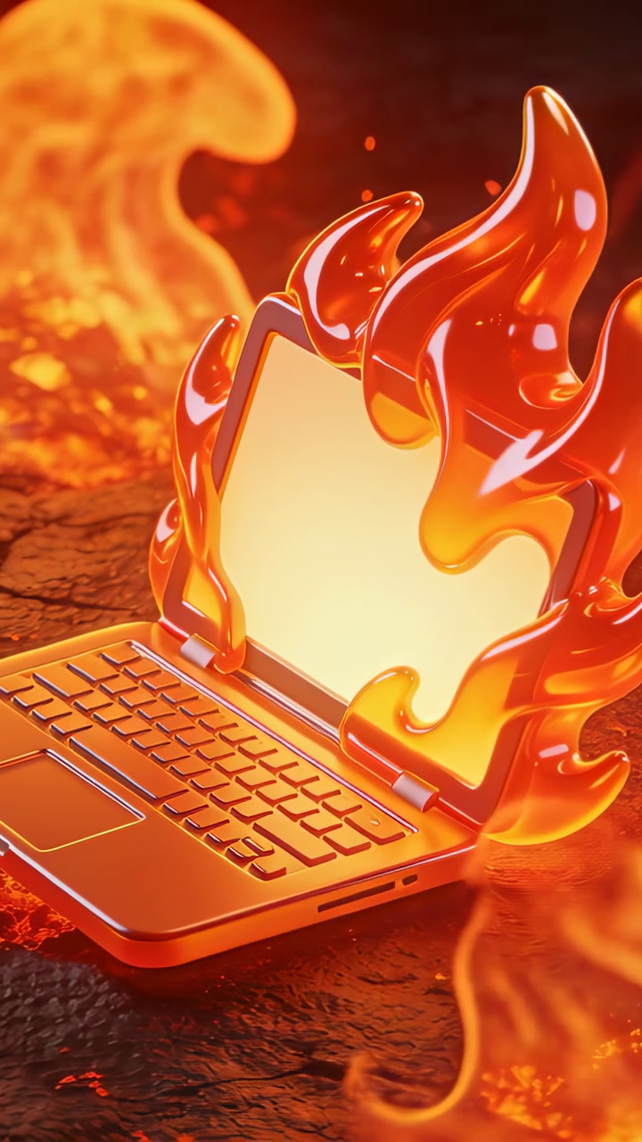 Vertical video: Emitting glow, metallic laptop drawing flames from molten fissure on cracked ground