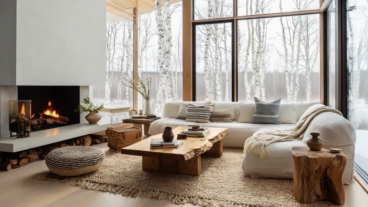 Cozy and Inviting Living Room with Warm Fireplace and Modern Design, Showcasing Stylish Furniture, Natural Textures, and a Serene Winter Landscape Outside the Large Glass Windows