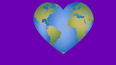 Animation-of-heart-shape-globe-and-world-map-on-blue-background