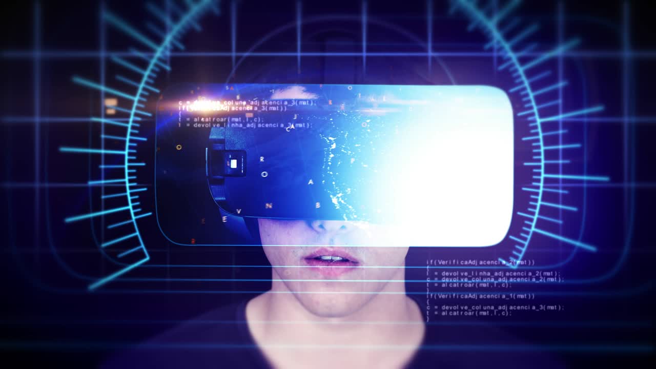 Handsome young man wearing VR headset and experiencing virtual reality. Loop.