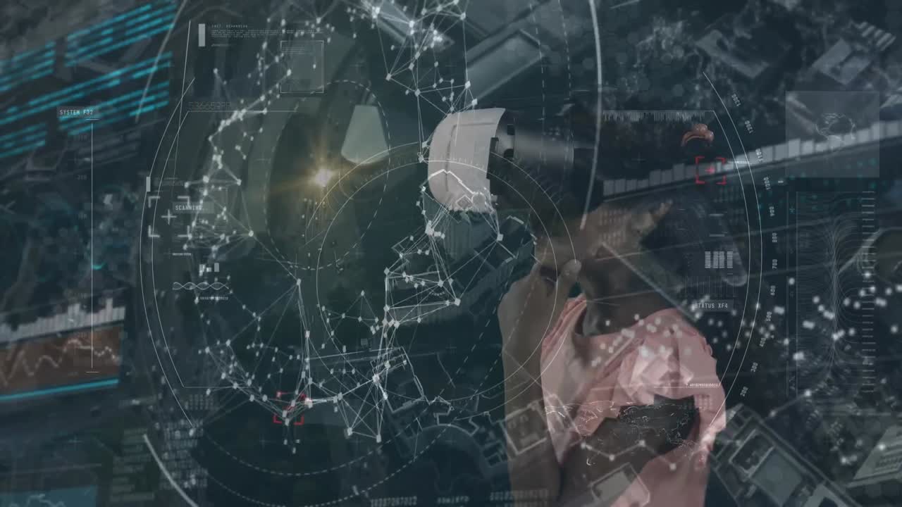 vr 헤드 ⁇ 을 착용한 소녀에 대한 스 ⁇  스캐닝과 데이터 처리 애니메이션