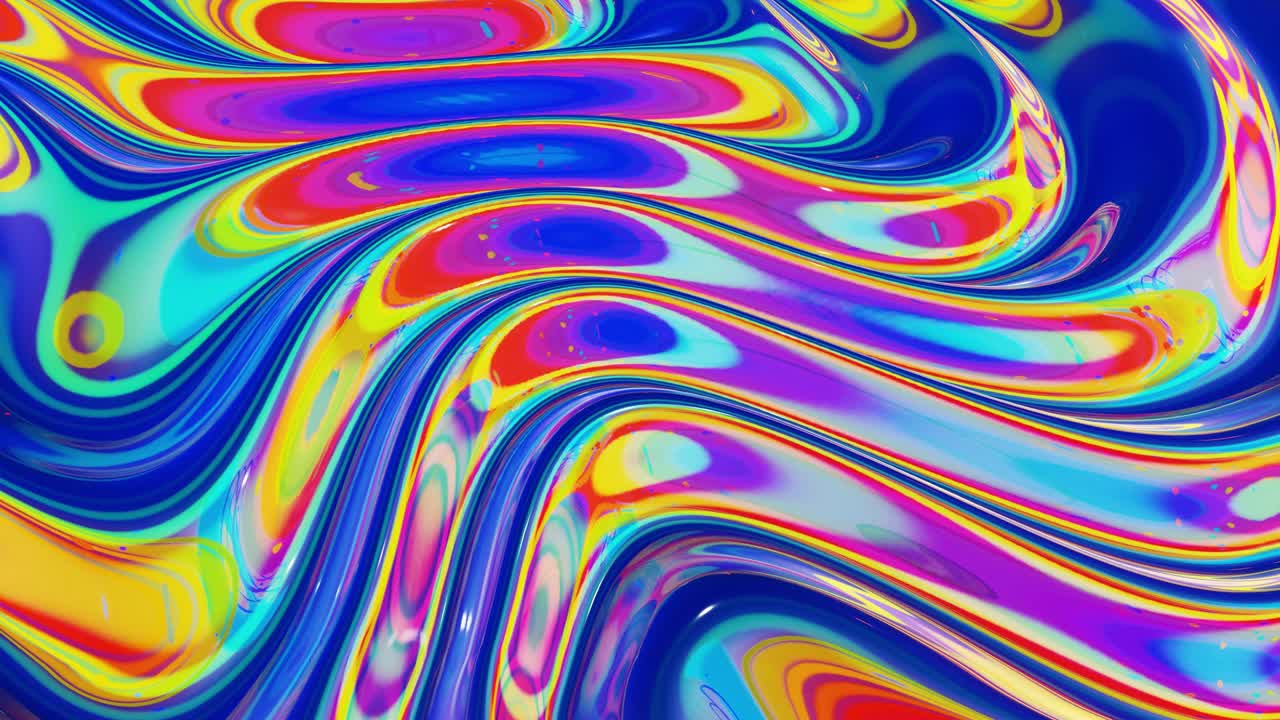 모양의 물결 모양의 액체 패턴: 무지개와 함께 화려한 액체 유리와 같은 파란색 표면의 세련된 추상적인 이리데센트 bg. 4k 트렌디한 다채로운 액체 애니메이션.