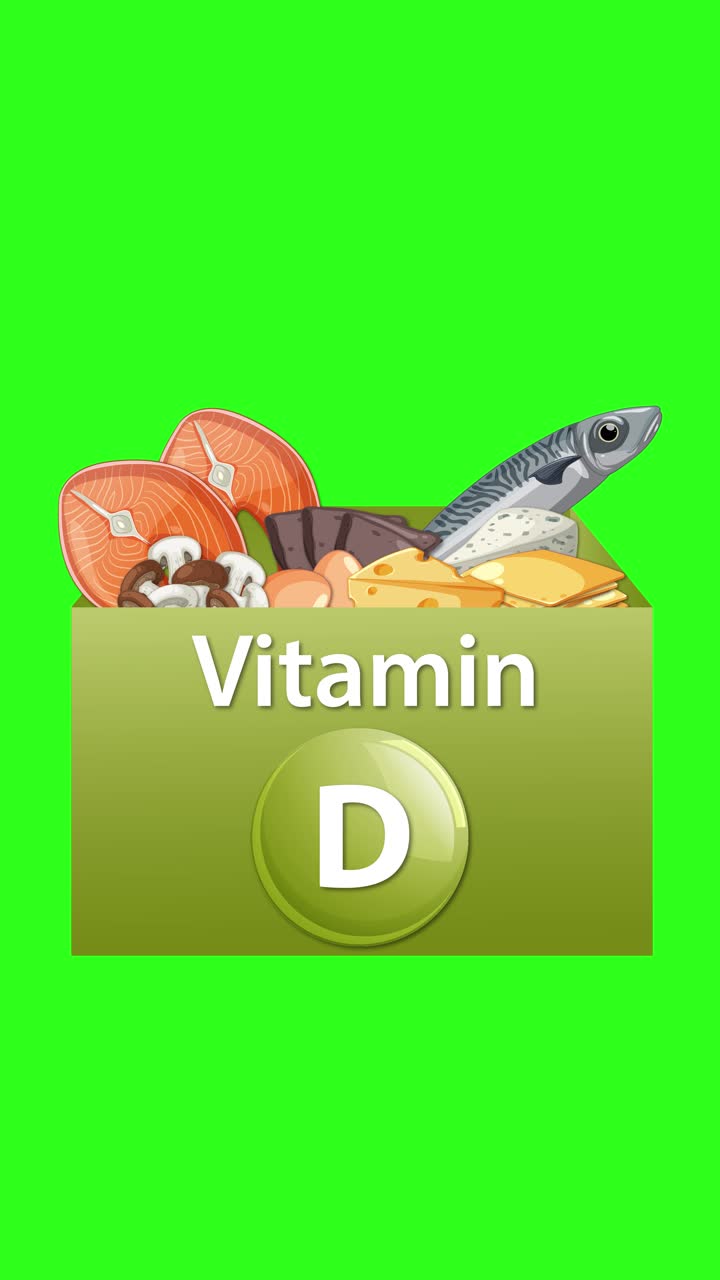 Green-screen animation of vitamin D box gradually filling with healthy food ingredients in front view