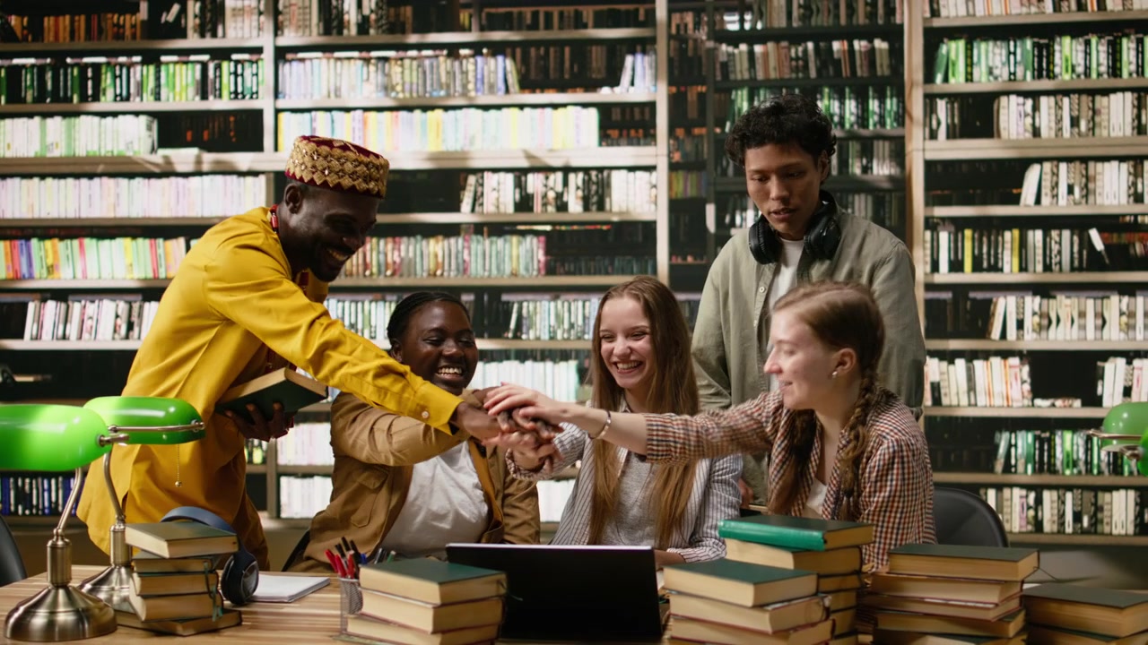 Students and adult learner uniting hands over library table after study session