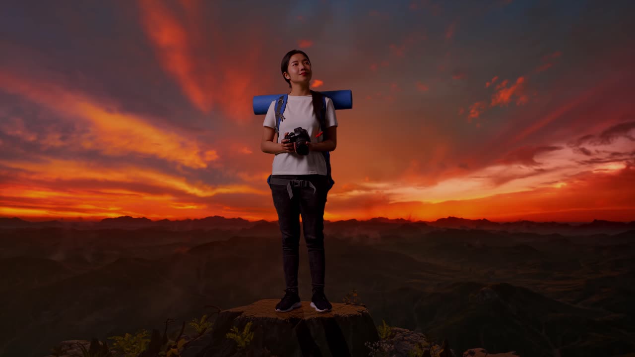 mujer fotógrafa disfrutando de una vista del atardecer desde la cima de una montaña