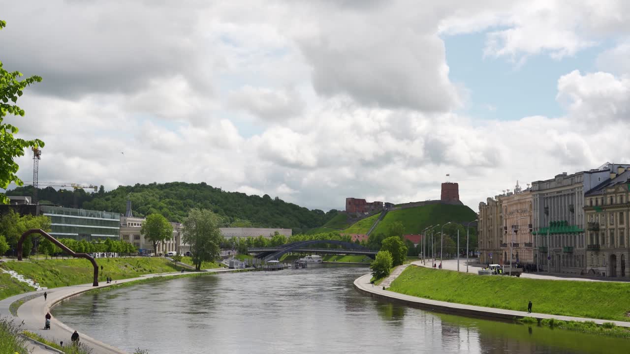 Vilnius, Lithuania – 29 May 2022. Panoramic view of the riverside and Gediminas Tower