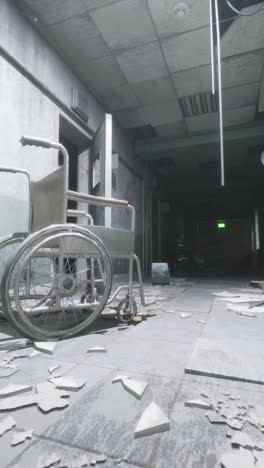 a creepy abandoned hospital hallway with a wheelchair