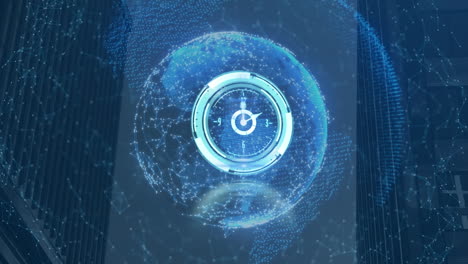 animation of clock moving over connections and globe on navy background