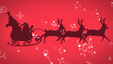 molecular structures floating over santa claus in sleigh being pulled by reindeers on red background