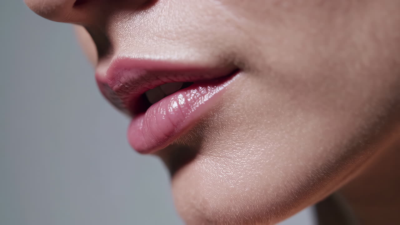Close-up of woman's lips with glossy pink lipstick