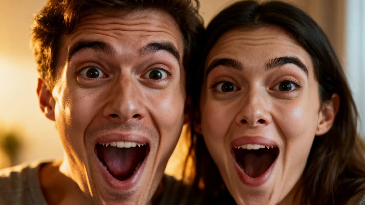 Reacting couple shifting from surprise to smiles in living room, with warm lamp after camera prompt