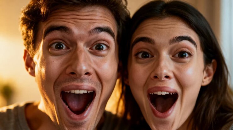 Reacting couple shifting from surprise to smiles in living room, with warm lamp after camera prompt