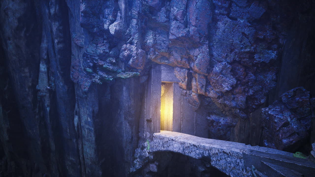 Tranquillo fiume sotterraneo che scorre sotto una debole illuminazione della caverna.