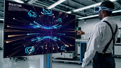 professional engineer leveraging augmented reality glasses for interacting with holographic interface, showcasing digital transformation in advanced industrial manufacturing environment