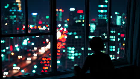 woman watching city lights at night from a window