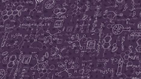 Animation-of-scienctific-equations-and-science-concept-icons-against-purple-background