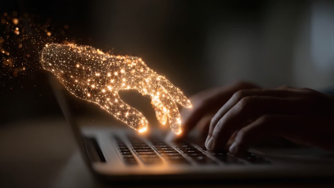 A Glowing Hand of Creativity Reaching Towards a Keyboard, Representing the Intersection of Technology and Imagination in a Captivating Digital Environment