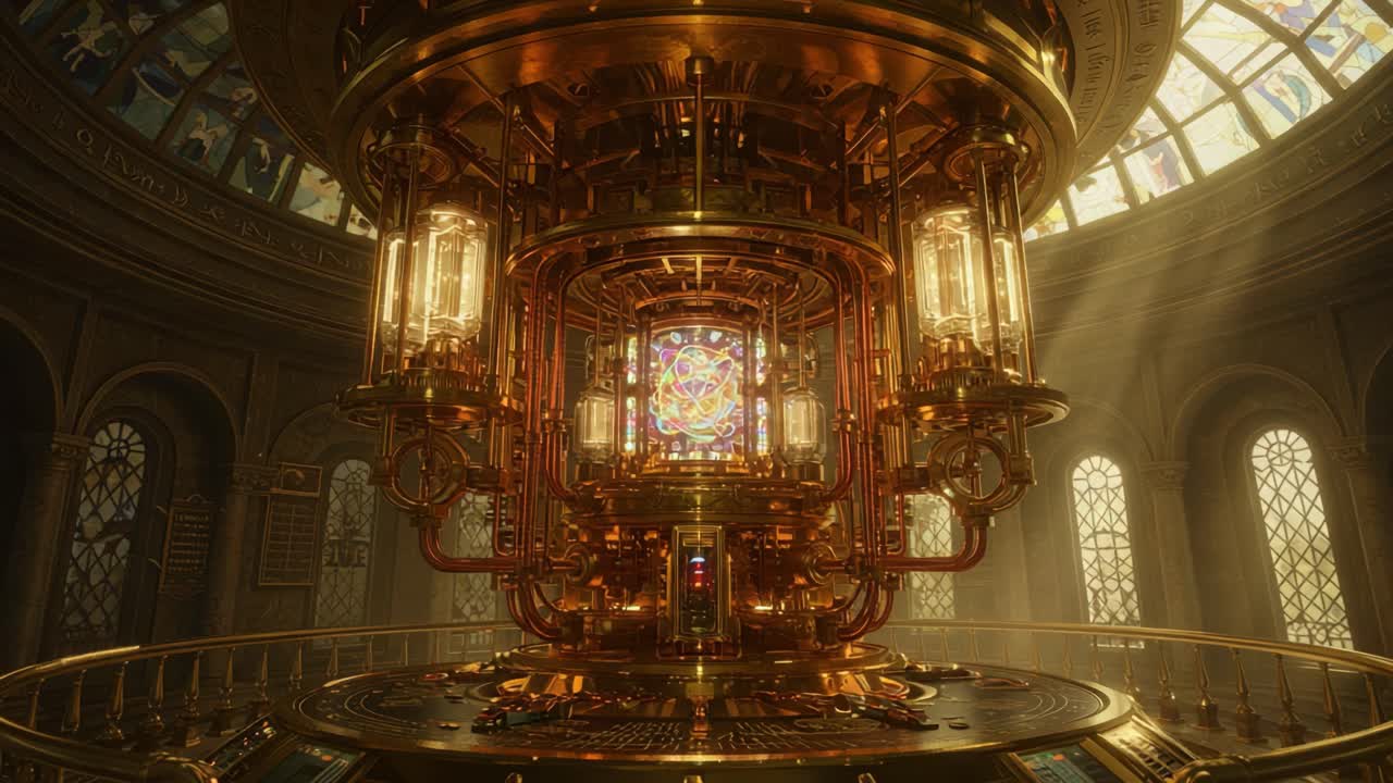 A Stunning Steampunk-Inspired Energy Generator Surrounded by Glorious Architectural Details and Soft Light in a Grand Hall