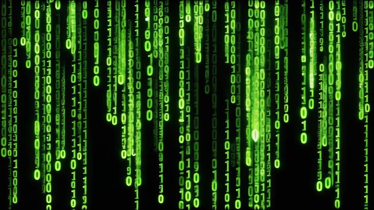 Green Binary Code Falling Down on Black Background