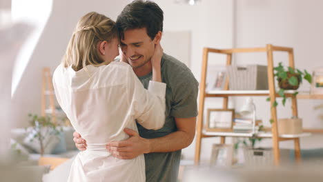 amor, pareja y un abrazo feliz en casa
