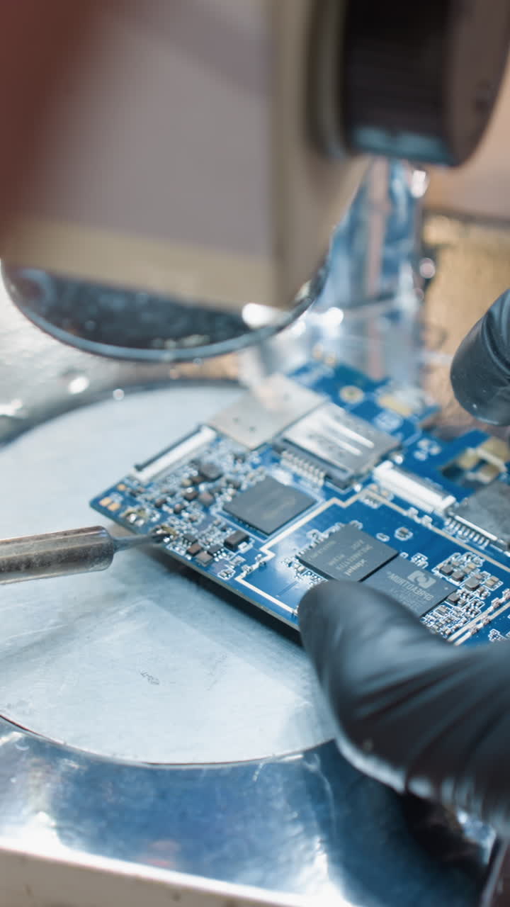 una vista trasera de las manos con guantes de un técnico trabajando en una placa de circuito azul bajo un microscopio, el técnico está usando cuidadosamente un soldador para soldar los componentes electrónicos