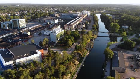Aerial of Trollhättan industrial area surrounded by green forest in Sweden