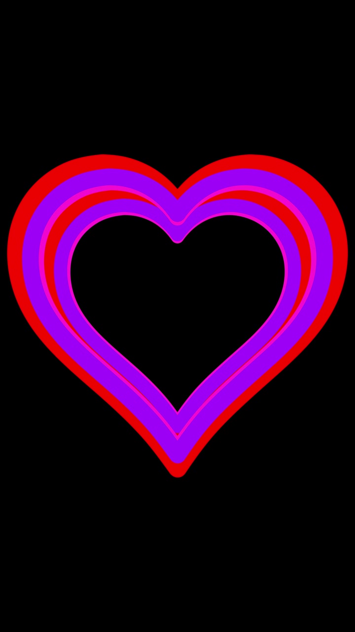Icona di cuore luminoso, colori neon vivaci, semplice spazio nero per testo, animazioni romantiche di coppia