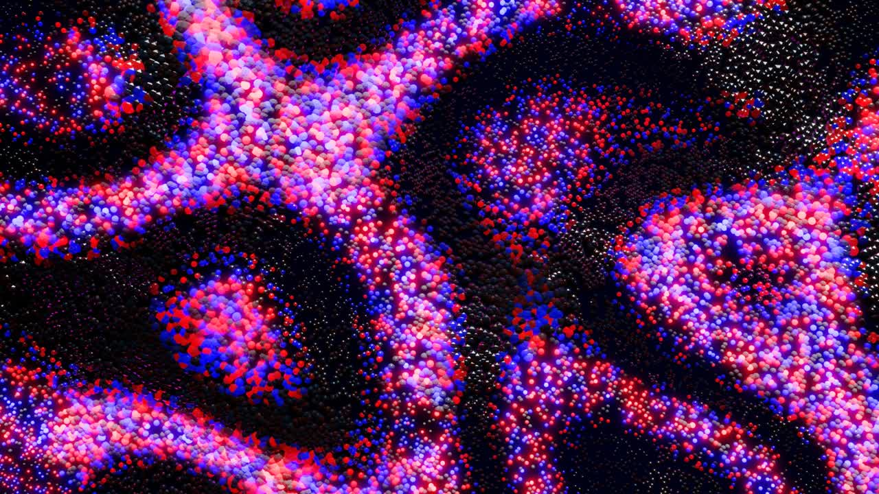 4k fondo en bucle abstracto con partículas rojas y azules brillan y forman un hermoso patrón. esferas en el espacio forman superficie, ondas de color y luz corren a lo largo de las bolas. las bolas se balancean en las olas. diseño de movimiento
