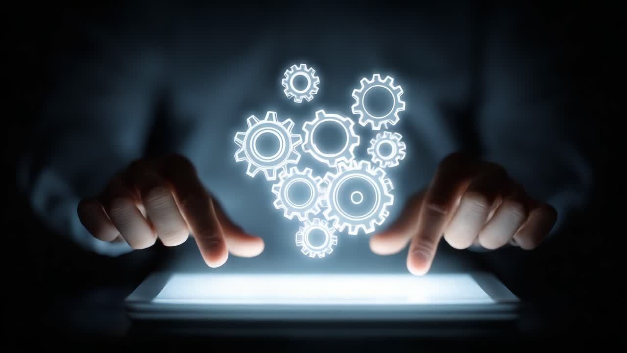 A Person Interacting with a Tablet, Engaged in a Digital Interface, with Animated Gears Displayed Above, Symbolizing Concepts of Technology and Innovation