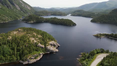Aerial-shot-of-a-beautiful-summer-day-on-idyllic-islands,-Trondelag,-on-the-west-coast-of-Norway